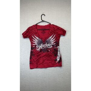 Archaic Shirt Womens Medium Red V-Neck Graphic‎ Wings Roses Dagger Rock Gothic